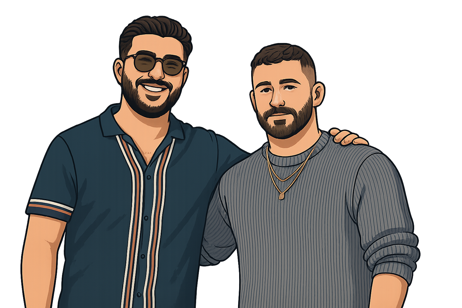 Two hosts standing side-by-side (illustration)